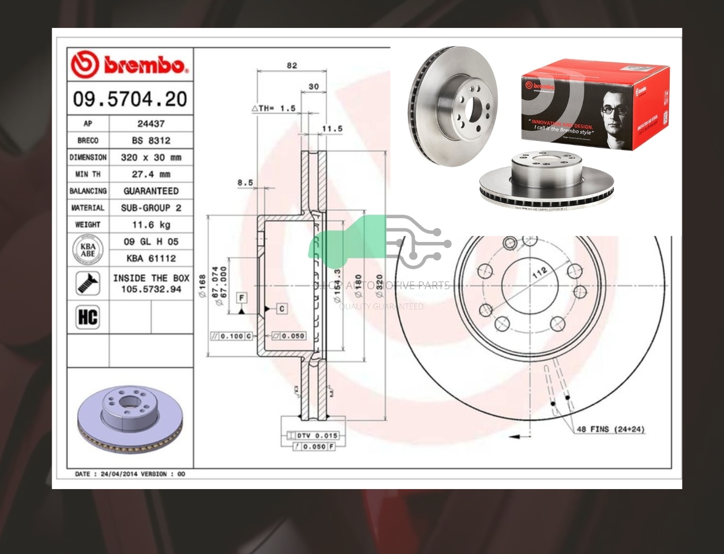 09 5704 20 จานเบรคหน้า STD (ยี่ห้อ BREMBO) BENZ S W140 (280 300 320 400 500) (HC)