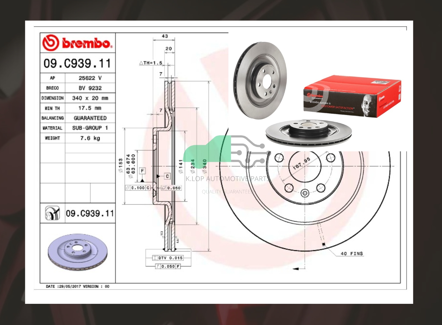 09 C939 11 จานเบรคหลัง (ยี่ห้อ BREMBO) Volvo C40 XC40 Recharge ปี20, XC90 ปี22