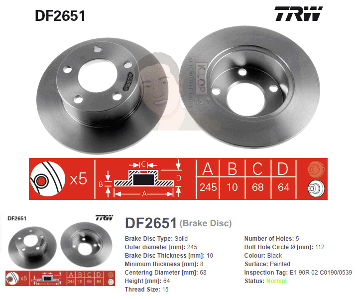 DF2651 จานเบรค-ดรัมเบรค(TRW) VW PASSAT HIGH-LINE (B5), 1.9 TDI (B6), 2.3 VR5 (B6) <BP> ปี1997-2003 R S