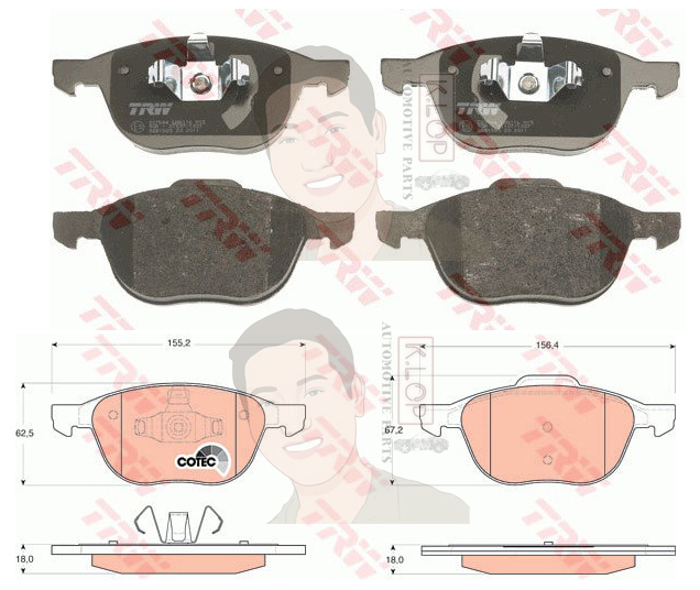 GDB1583 ผ้าเบรค-หน้า(TRW) (เนื้อผ้า COTEC) FORD FOCUS, MAZDA 3 1.8, 2.0 '05-'12