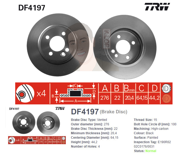 DF4197 จานเบรค-ดรัมเบรค(TRW) MINI ONE / COOPER / COOPER S (R50, R52, R53) ปี2001-2004 F V