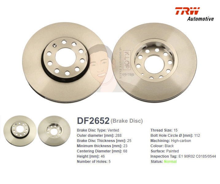 DF2652 จานเบรค-ดรัมเบรค(TRW) VW PASSAT HIGH-LINE (B5), 1.9 TDI (B6), 2.3 VR5 (B6) <BP> ปี1997-2003 F V