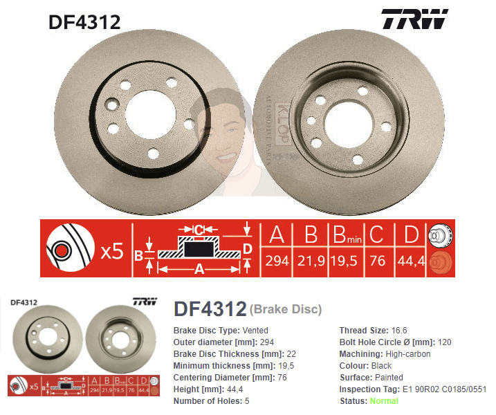 DF4312 จานเบรค-ดรัมเบรค(TRW) VW BUS TRANSPORTER T5 (2.5 TDI / V6 3.2) ปี2003-2009 R V