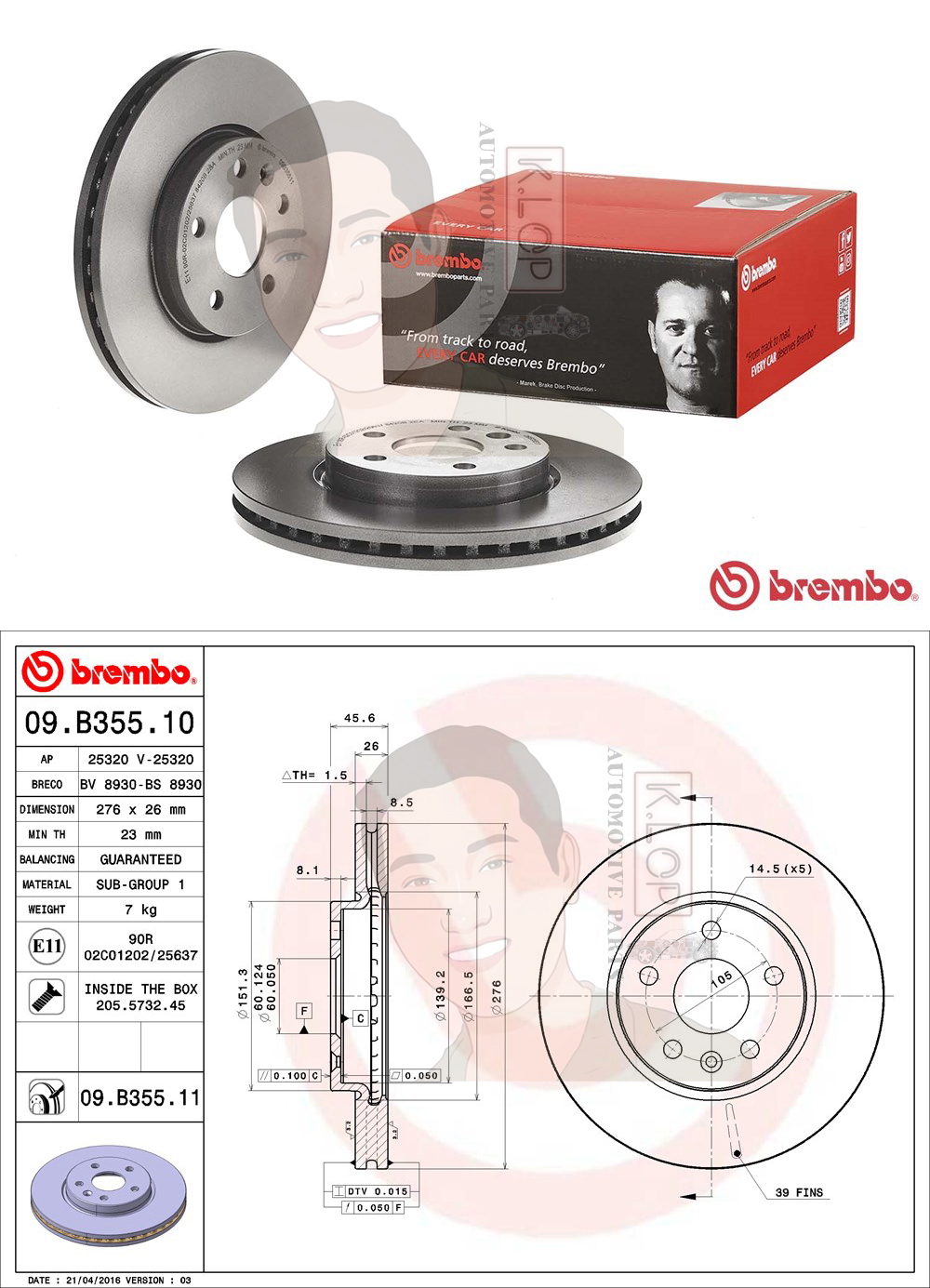 09 B355 11 จานเบรค ล้อ F (ยี่ห้อ BREMBO) รุ่น UV Chevrolet Cruze 1.6 1.8 ปี 2010->