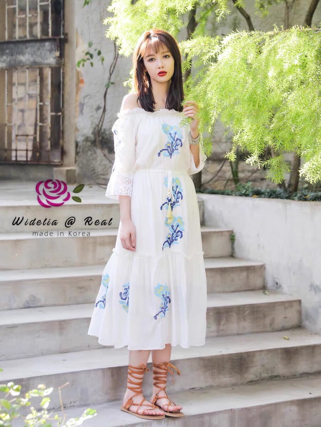 Korea Dress เดรสปาดไหล่แสนสวย ขอบอกผ้าโครตดี งานปักนะคะ