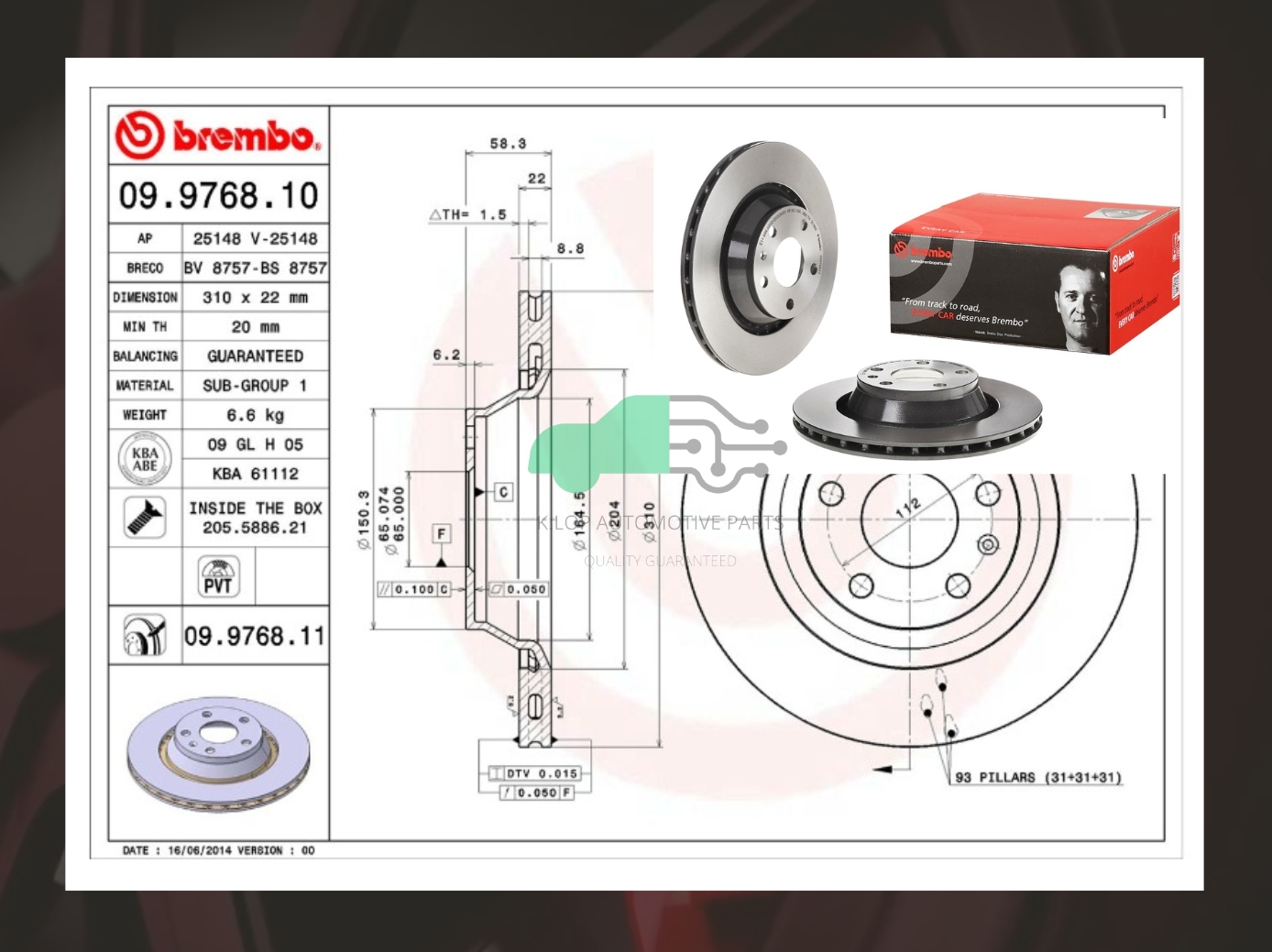 09 9768 11 จานเบรคหลัง (ยี่ห้อ BREMBO) Audi TT TTS 8J3 (HC) 06-14