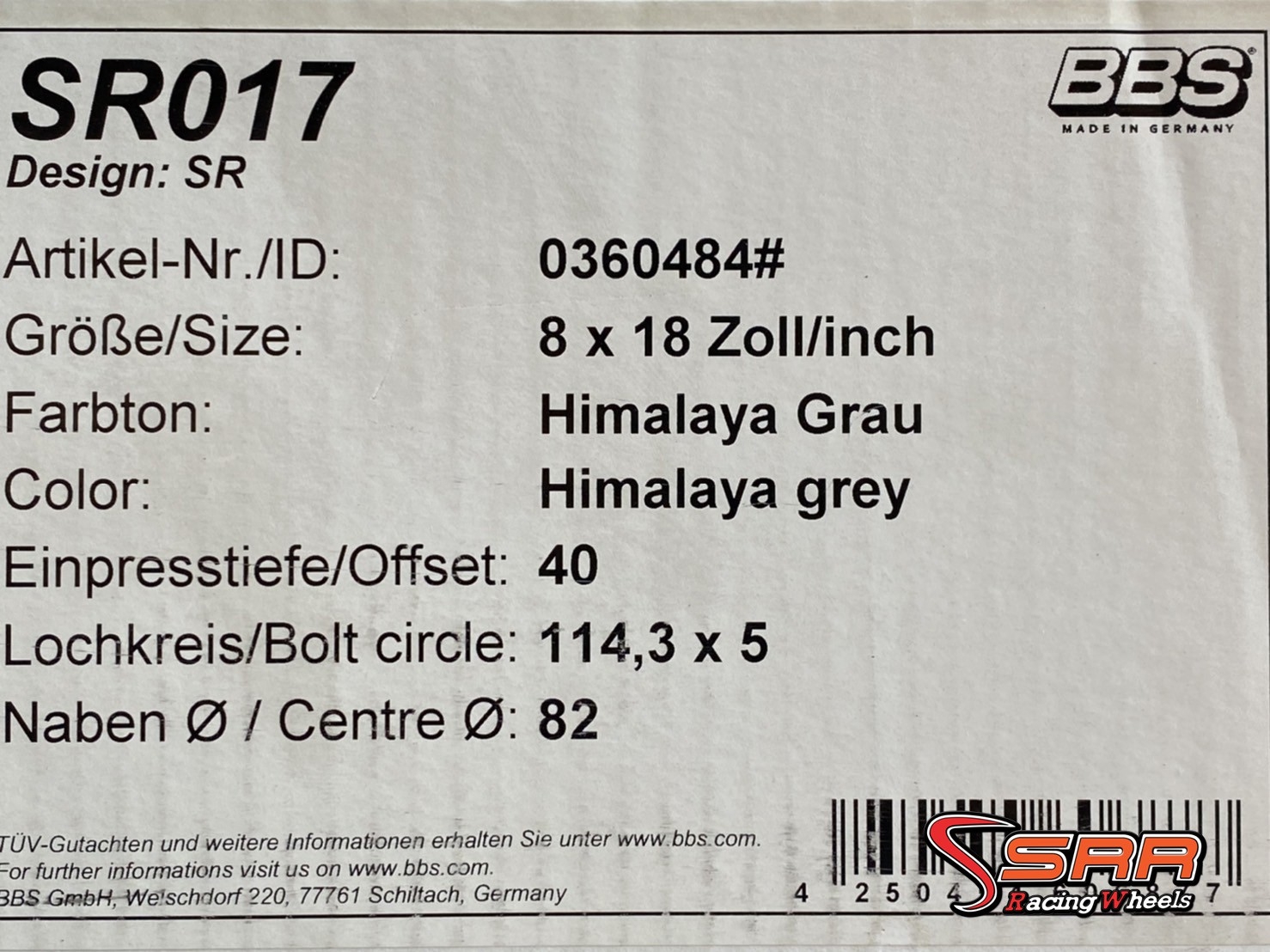 BBS SR017 ขอบ18 5H114.3 ET+40 HIMALAYA GERY ล้อแท้GERMANY ที่SRR