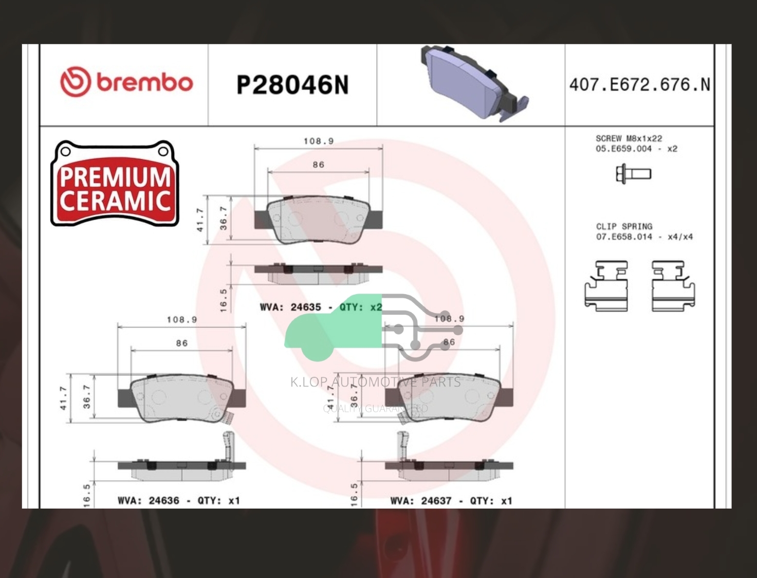 P28 046N ผ้าเบรกหลัง (แท้ BREMBO รุ่น Ceramics) CR-V Gen5 (1.6D ) 4x4 2017-