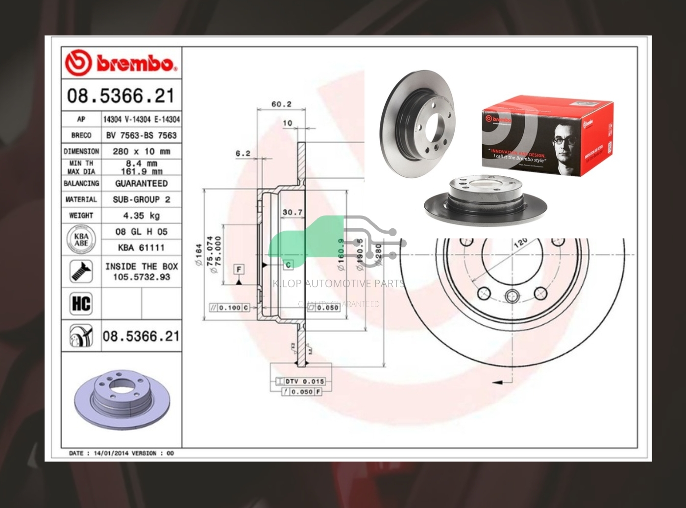 08 5366 21 จานเบรคหลัง (ยี่ห้อ BREMBO) BMW ซีรี่ส์ 3 E36 E46 (320i 325i) 90-05