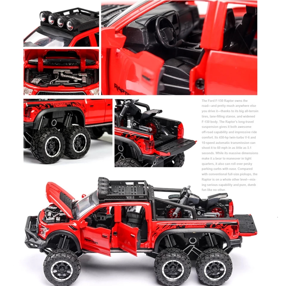 โมเดลรถเหล็ก Ford Raptor 6 ล้อ บรรทุกรถ scale 1:28 มีเสียงมีไฟ (ปลีก-ส่ง)