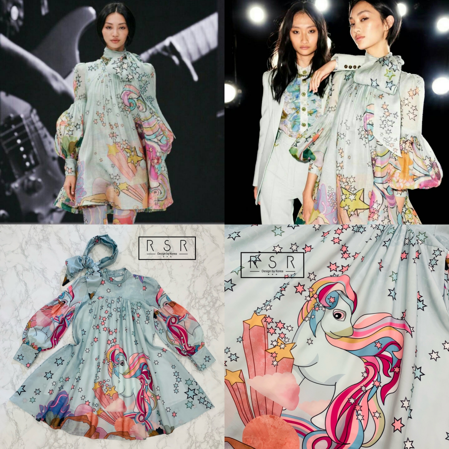 ZMM Dress:: เดรสคอปีนสุดอลัง แขนเย็บพองสวย ตัวเดรสมาในลาย Unicorn