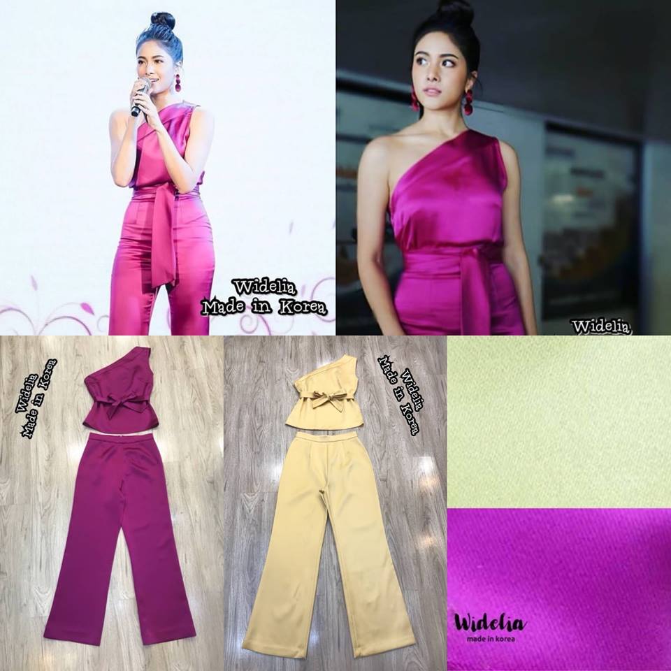 VRT. Set >>เสื้อปาดไหล่แขนกุดผุกโบว์หน้า กางเกงทรงตรงยาว