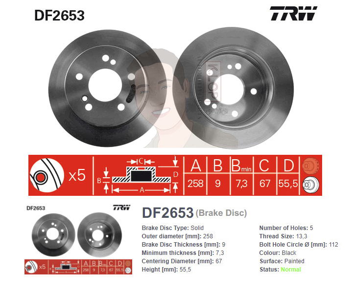DF2653 จานเบรค-ดรัมเบรค(TRW) BENZ W202 C180, C200, C220, C280 <BP> ปี1993-1997 R S