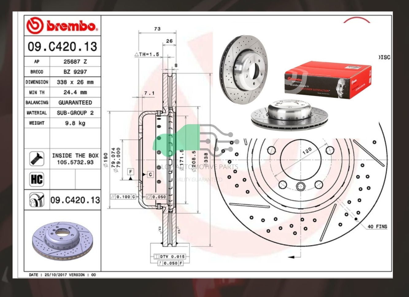 D09 C420 13 จานเบรคหน้า (ยี่ห้อ BREMBO) BMW ซีรี่ส์ 3 E90 E92 เจาะรู/เซาะร่อง (HC) 05-11
