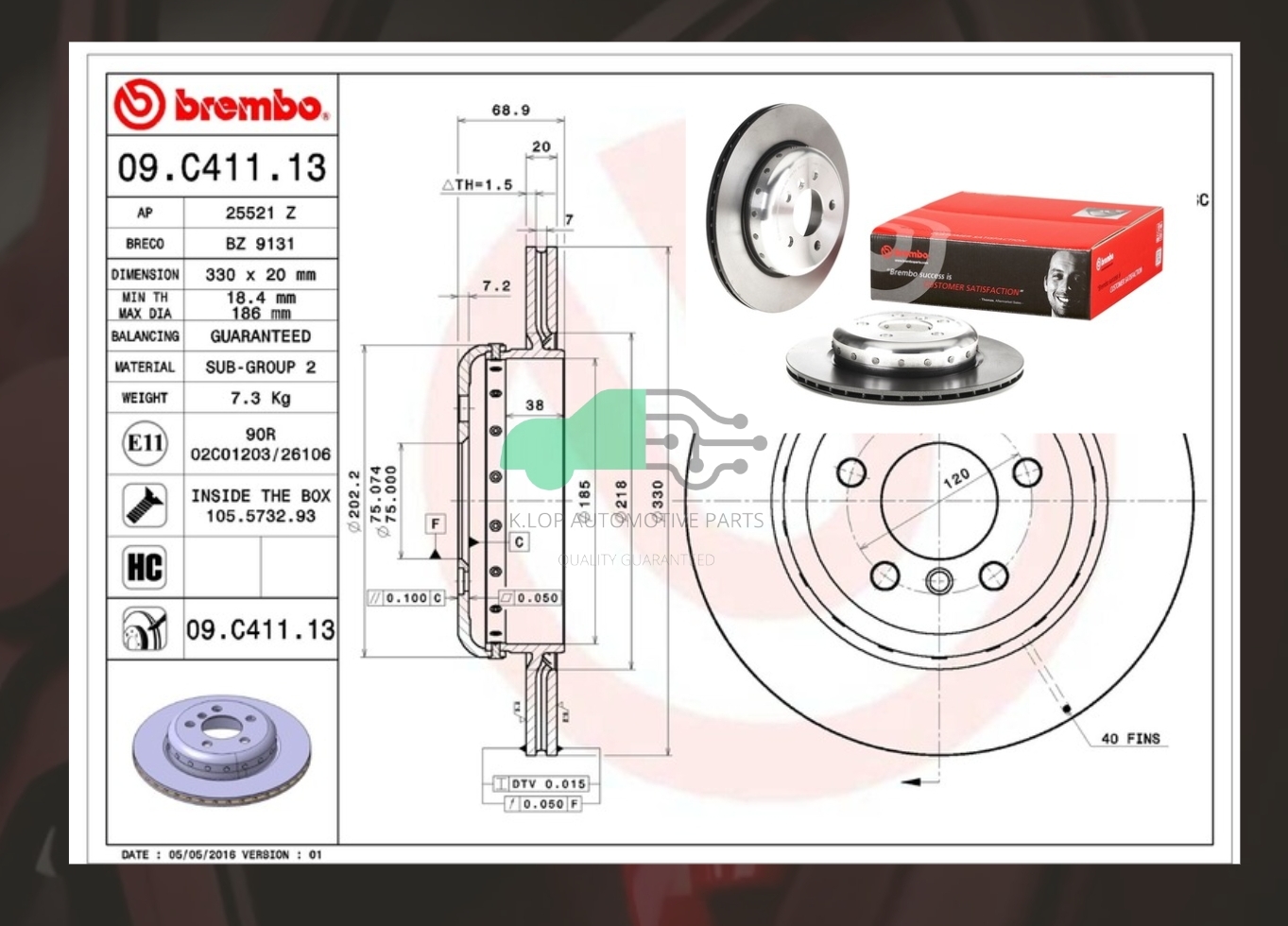 09 C411 13 จานเบรคหลัง (ยี่ห้อ BREMBO) BMW ซีรี่ส์ 5 F10 (520i 520d 523i) (HC) 10->