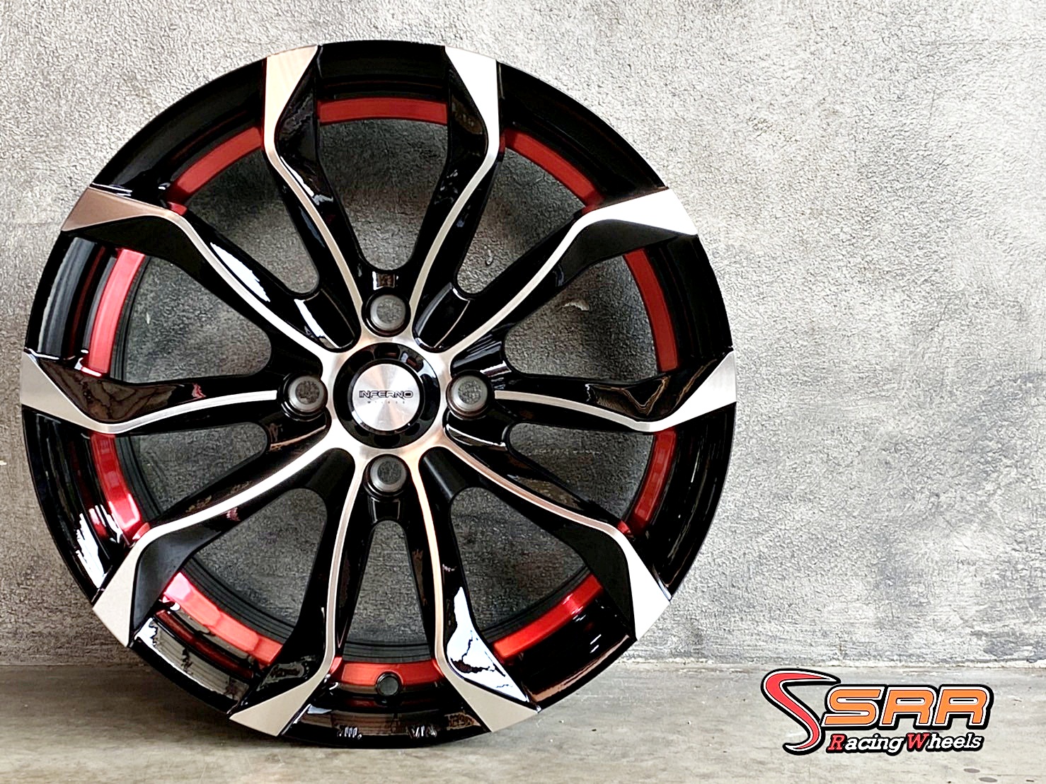 INFERNO 7091 15x7 4x100 ET+38 BLACK POLISH/INSIDE RED