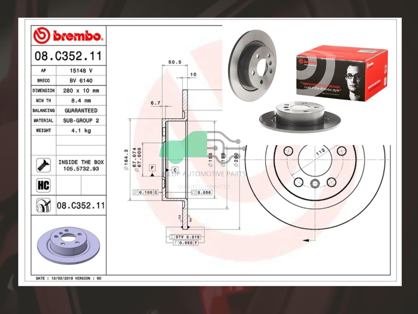 09 C352 11 จานเบรคหลัง (ยี่ห้อ BREMBO) รุ่น HC UV BMW ซีรี่ส์ 2 F45 F46 Tourer (218i)/ X1 F48 (18i 18d) 2014-/ Mini F60 Countryman 2016-