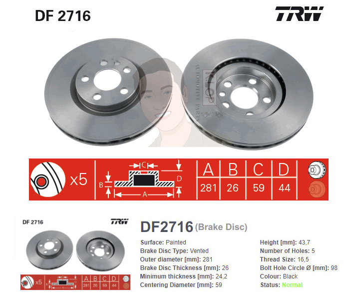 DF2716 จานเบรค-ดรัมเบรค(TRW) CITROEN EVASION 1.9,2.0 16V (HDI, DT, TURBO), 2.1(DT) ปี1994-2002 F V