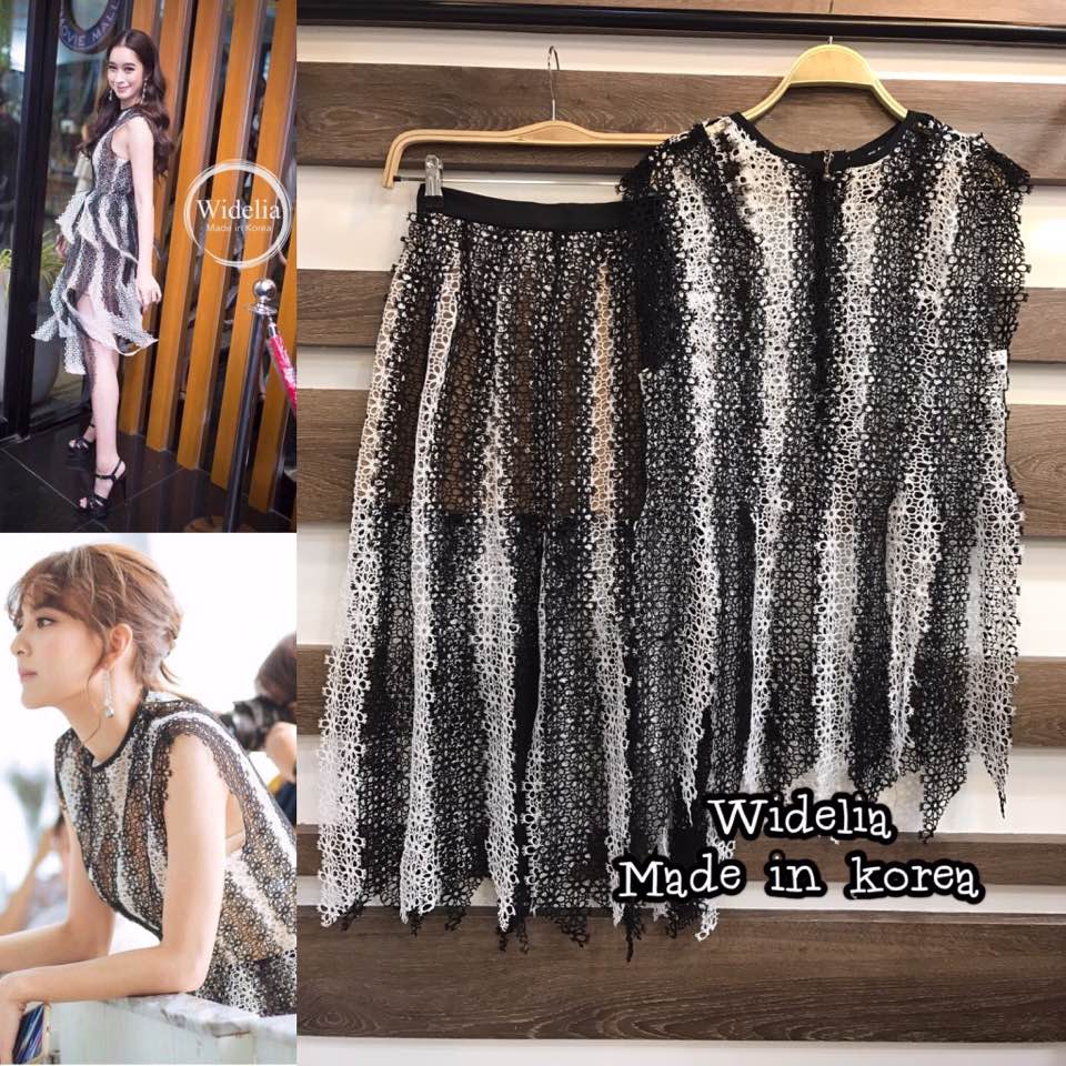 *พร้อมส่ง*JSD Top::เสื้อลูกไม้คอกลมแขนกุด + Skirt::กระโปรงลูกไม้เอวสูง ทรงบาน