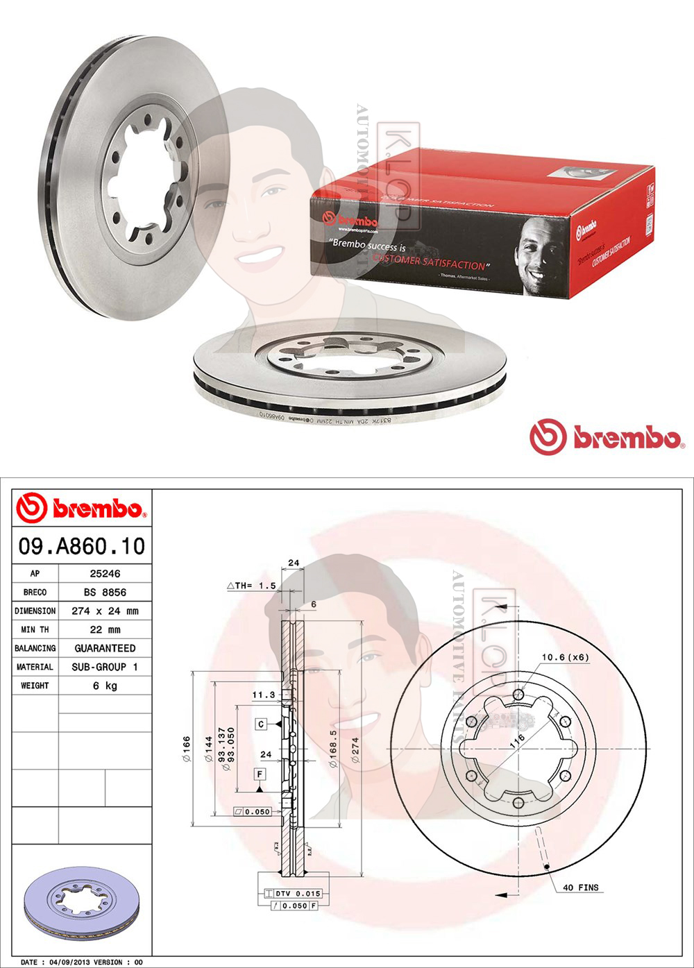 09 A860 10 จานเบรค ล้อ F (ยี่ห้อ BREMBO) รุ่น Std FORD Ranger 4x4 ปี1998-2005/FIGHTER 4x4