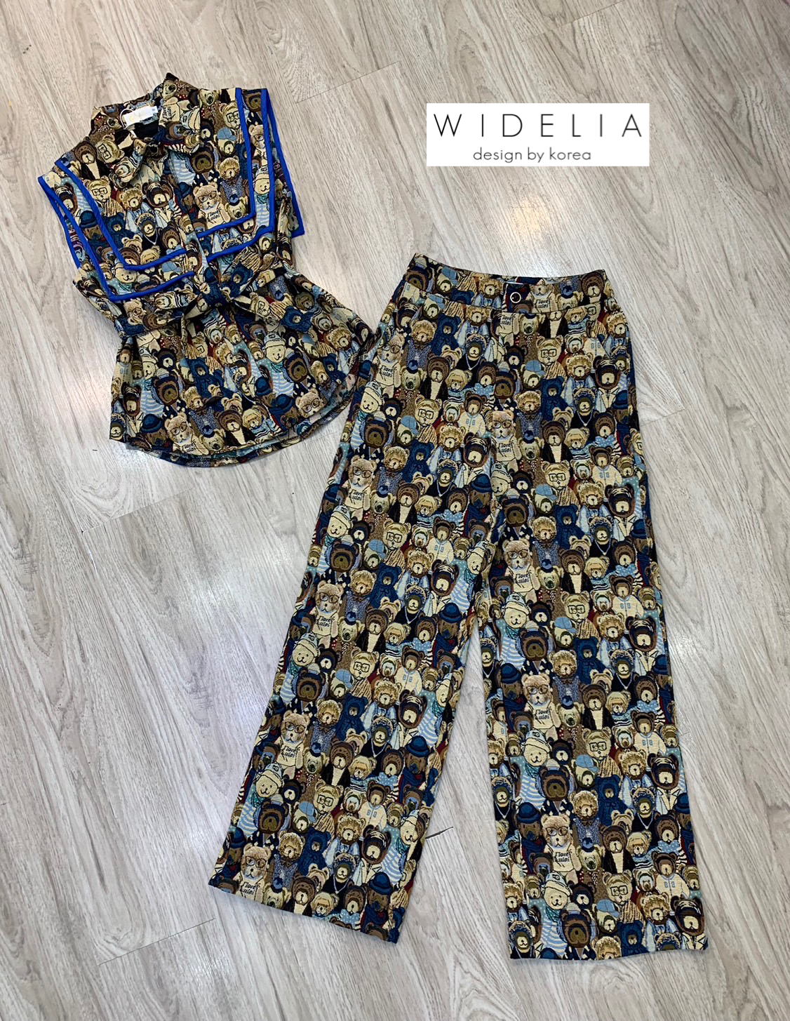 Set ลายหมีตัวเสื้อทรงเข้ารูปปกสี่เหลี่ยมช้อนกัน 2 ชั้นหน้าหลังแขนกุด