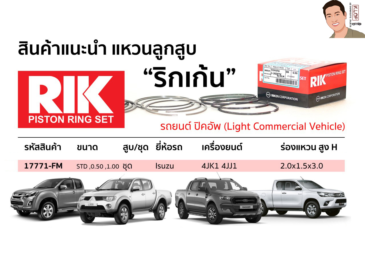 17771-FM แหวนลูกสูบ(RIK-ริกเก้น) ขนาด STD,0.50,1.00 ชุด Isuzu เครื่องยนต์ 4JK1 4JJ1 ร่องแหวน สูง H 2.0x1.5x3.0