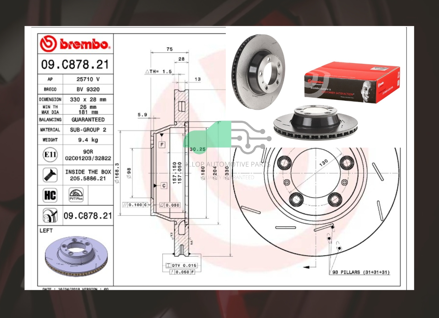 09 C878 21 จานเบรคหลัง (ยี่ห้อ BREMBO) PANAMERA 970 (3.0D S/E Hybrid 3.6 4.8)