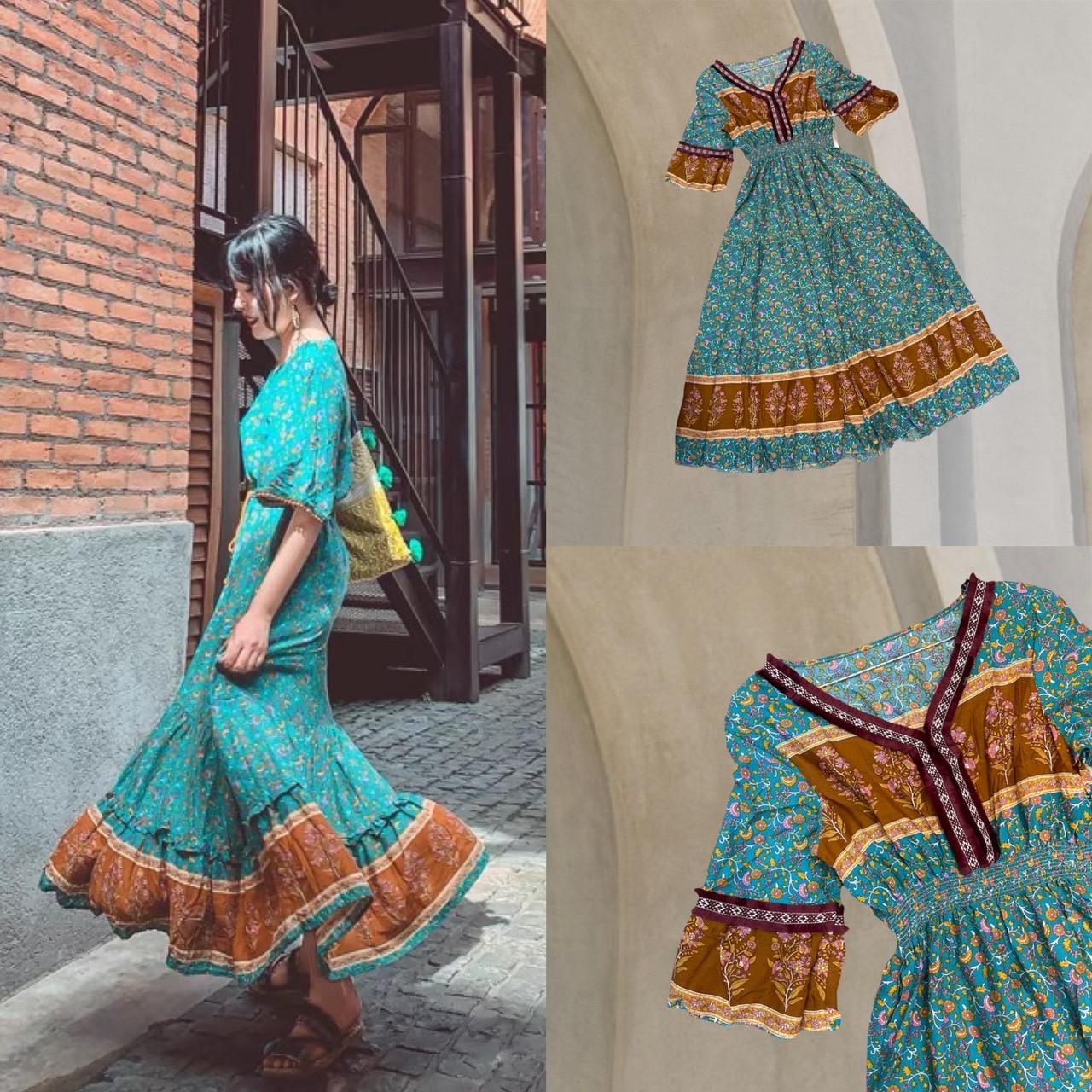 vintage maxidress. maxidress ตัวยาว คอวี แขน 3 ส่วน