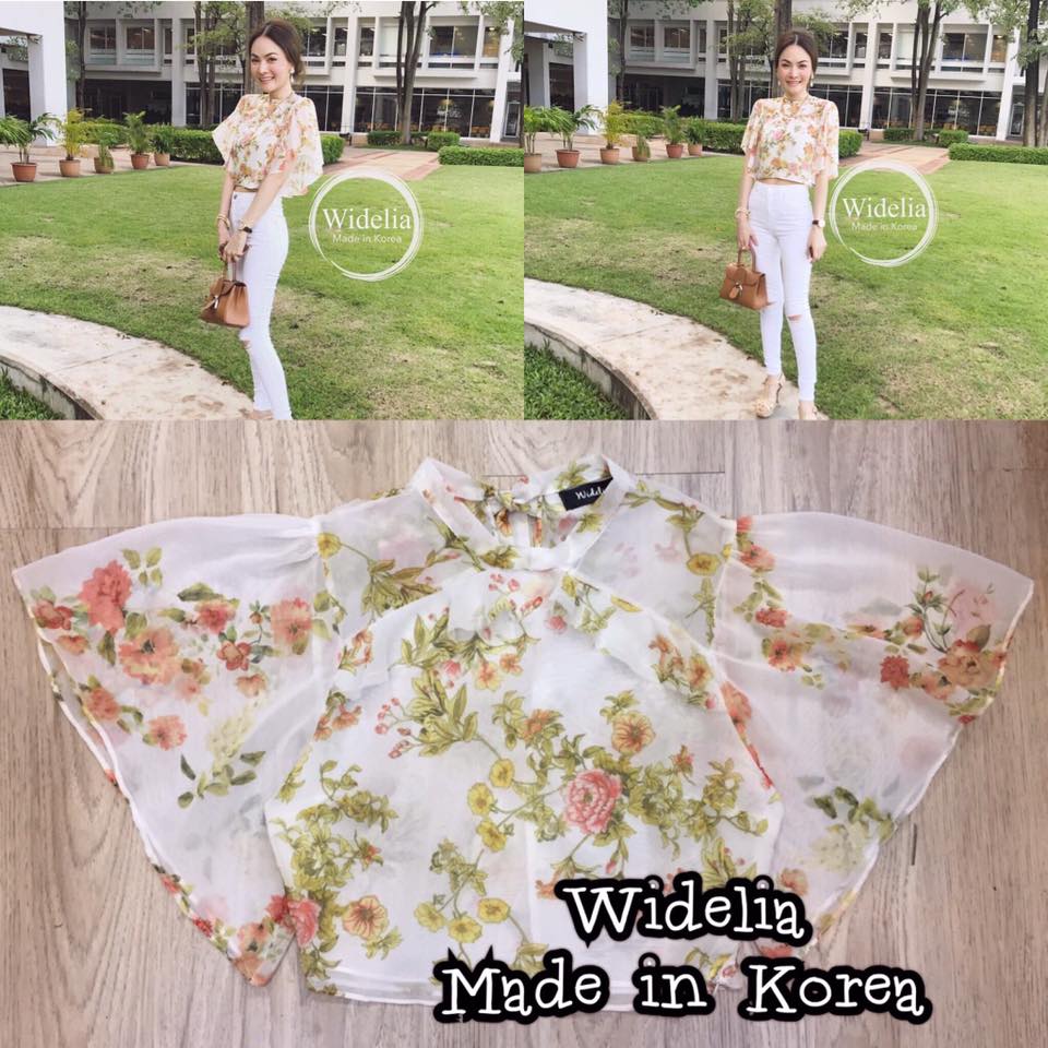 *พร้อมส่ง*Zara เสื้อcrop แขนสั้นบานไล่เลเยอร์ เนื้อผ้าชีฟองบางเบาสกรีนลายดอกไม้สีสวย