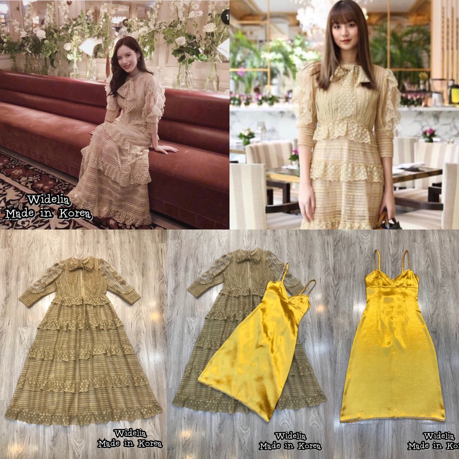 Landmee' Dress :: แม็กซี่เดรสสีทองตัวยาวคอกลมแขนสั้นระบาย แต่งผ้าผูกโบว์ที่คอ