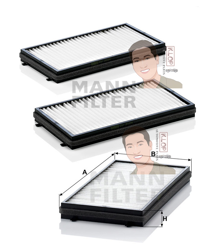 CU3124-2 ไส้กรองแอร์(BMW) E66,E65 (มี2ลูก) เครื่องยนต์ M52,M54,M62,M67 (MANN-FILTER***งานพรีเมี่ยมแท้นำเข้ายุโรป) Dimensions(mm.) A=324 B=173 H=30