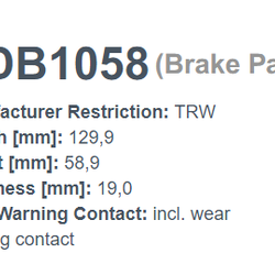ผ้าเบรกหน้า TRW (COTEC) : ALFA 155 2.0 '94 (OE ติดรถ) (สินค้า TRW แท้ผ่านบริษัทโดยตรง)