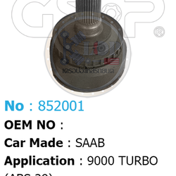 รหัสสินค้า 852001 ฟันนอก33 ฟันใน25 คอบ่าซีล52 มีABS [หัวเพลานอก ยี่ห้อGS-P] SAAB 9000 TURBO (ABS 29T)