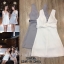 TSP Mini Dress>> เดรสแขนกุดคอวีลึก ตกแต่งใต้อกเป็นระบายจับจีบสองชั้น