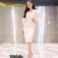 CH Dress>>เดรสคอวีลึกแขนยาวถึงข้อศอก แขนพองเล็กน้อยช่วงบนเป็นผ้าซีทรู