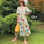 Korea Dress เดรสตัวยาวเเขนตุ๊กตาตัวสวยทรงคอวีหน้าหลังสีสันสดใสชายบานพริ้วสวยพิมพ์ลายดอกไม้สีสัน